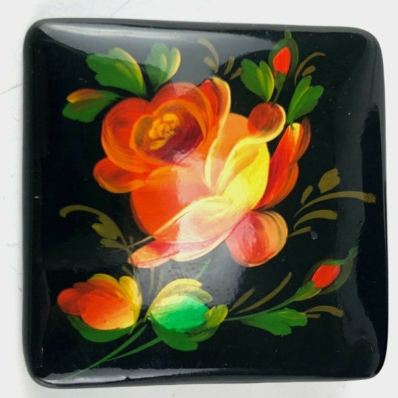 Unbranded Jewelry - Vintage Russian Brooch Black Lacquer Floral Pin Red Orange Green Rose